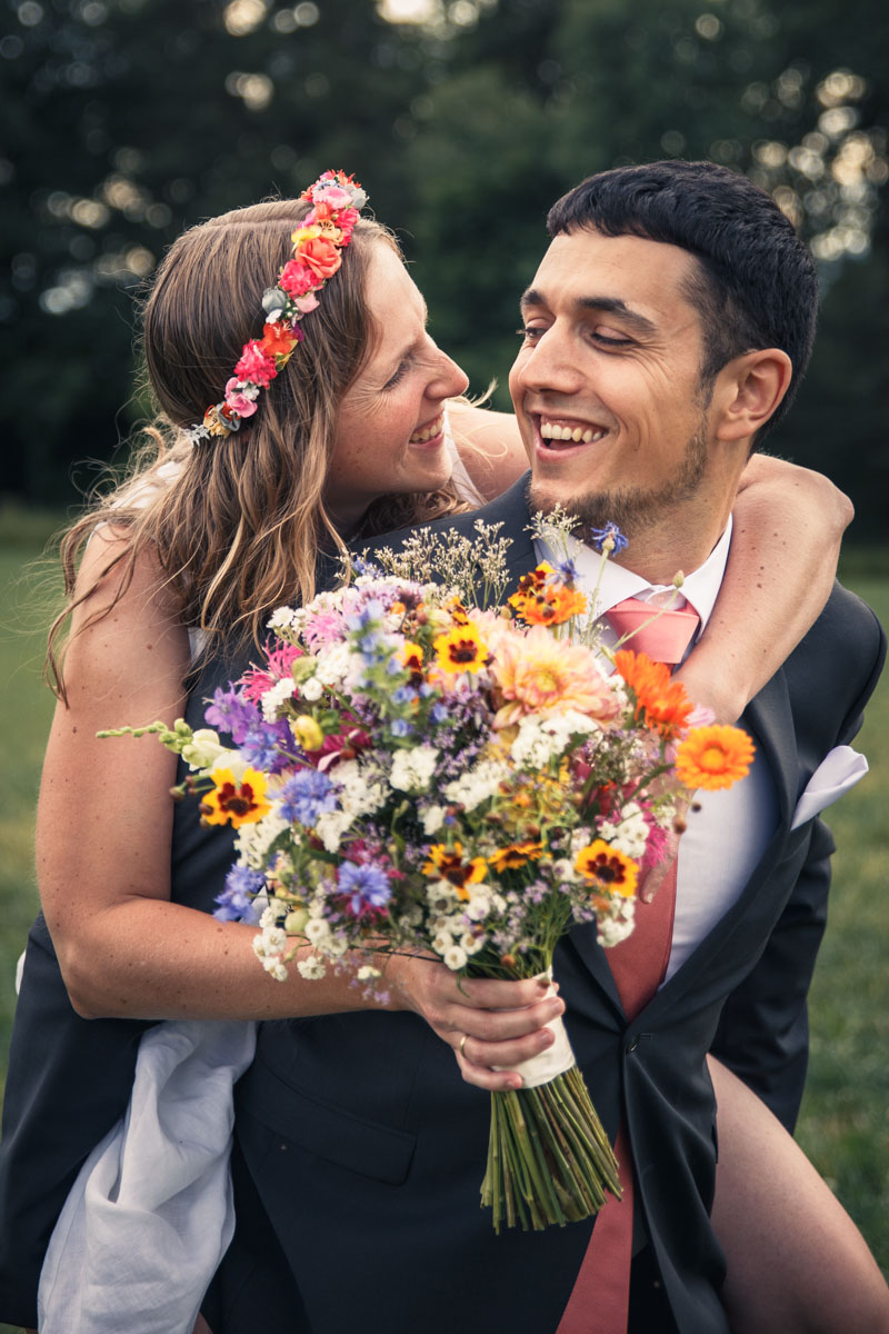 Portrait of couple Martina and Michele in a natural landscape, looking at each other